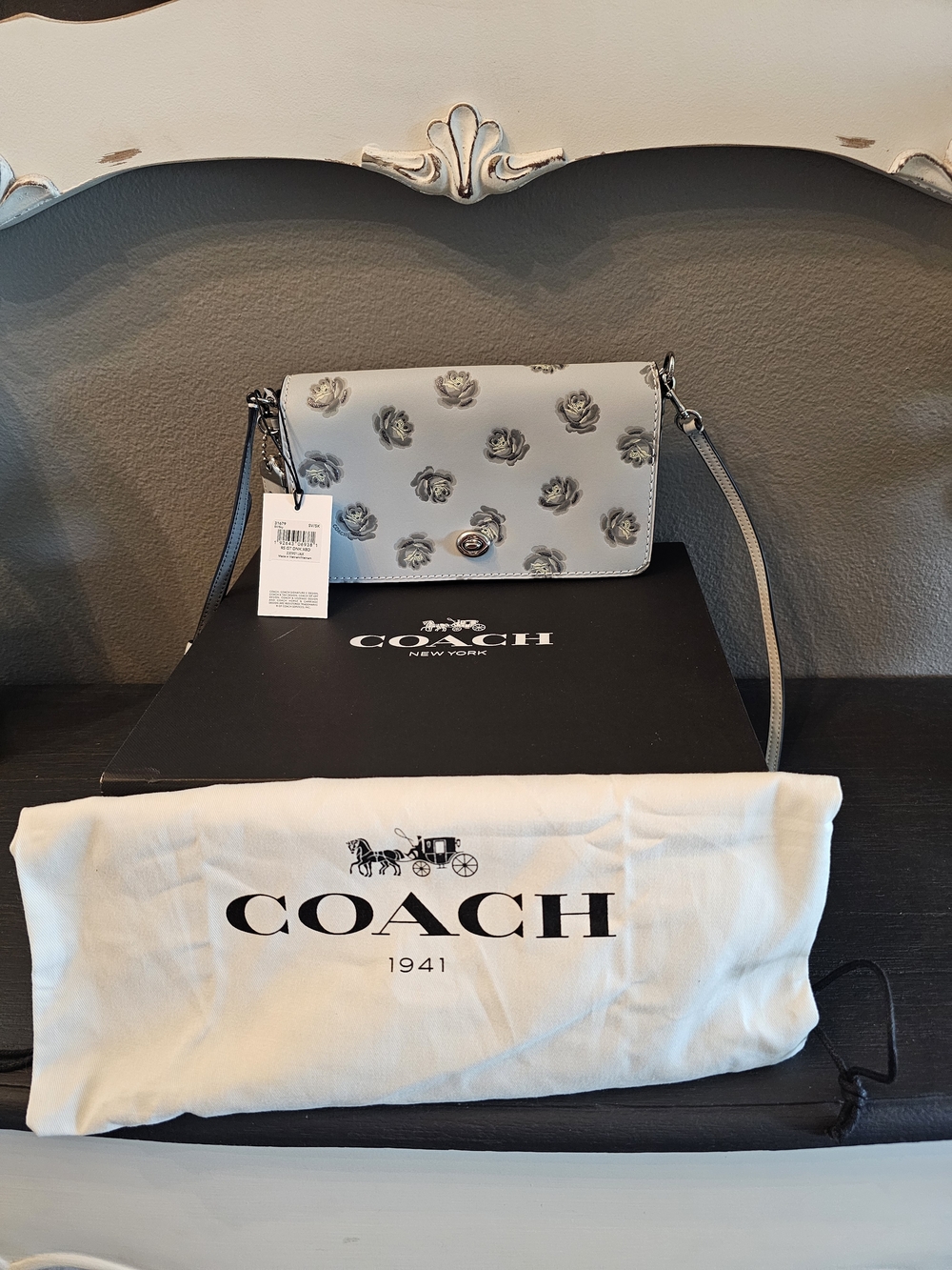 Coach Dinky Crossbody SkyBlue With Glitter Roses - NEW